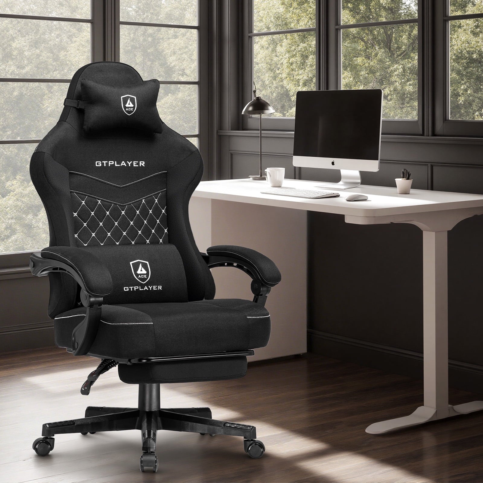 GTPLAYER Gaming Chair, Fabric Ergonomic Office Chair with Footrest and Lumbar Suppor for Adult, Black