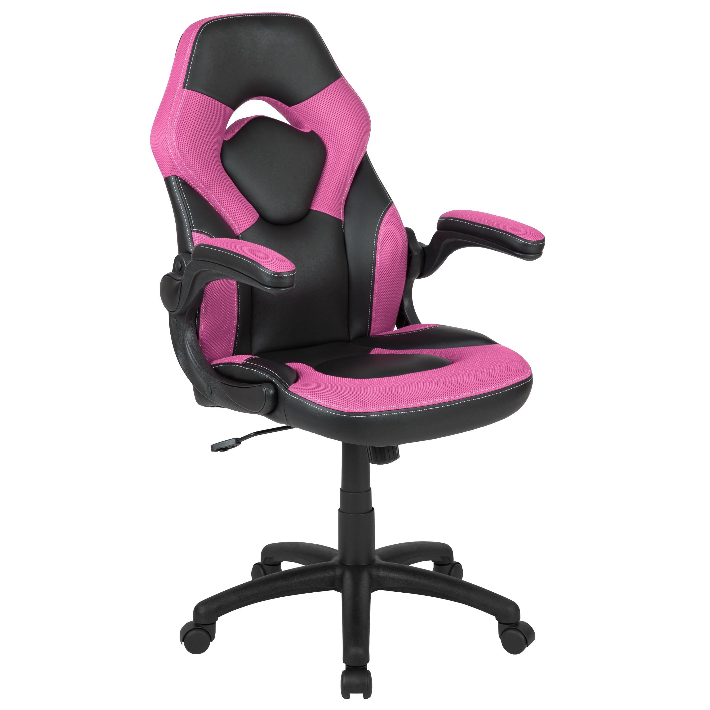 Emma + Oliver Black/Pink Gaming Desk Set with Cup Holder, Headphone Hook, and Monitor Stand