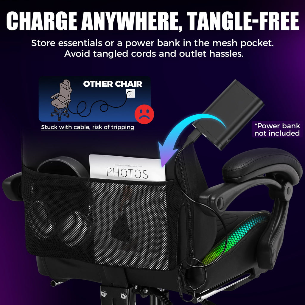 GTPLAYER RGB Gaming Chair, Computer Gamer Chair with Footrest and LED Lights, Black