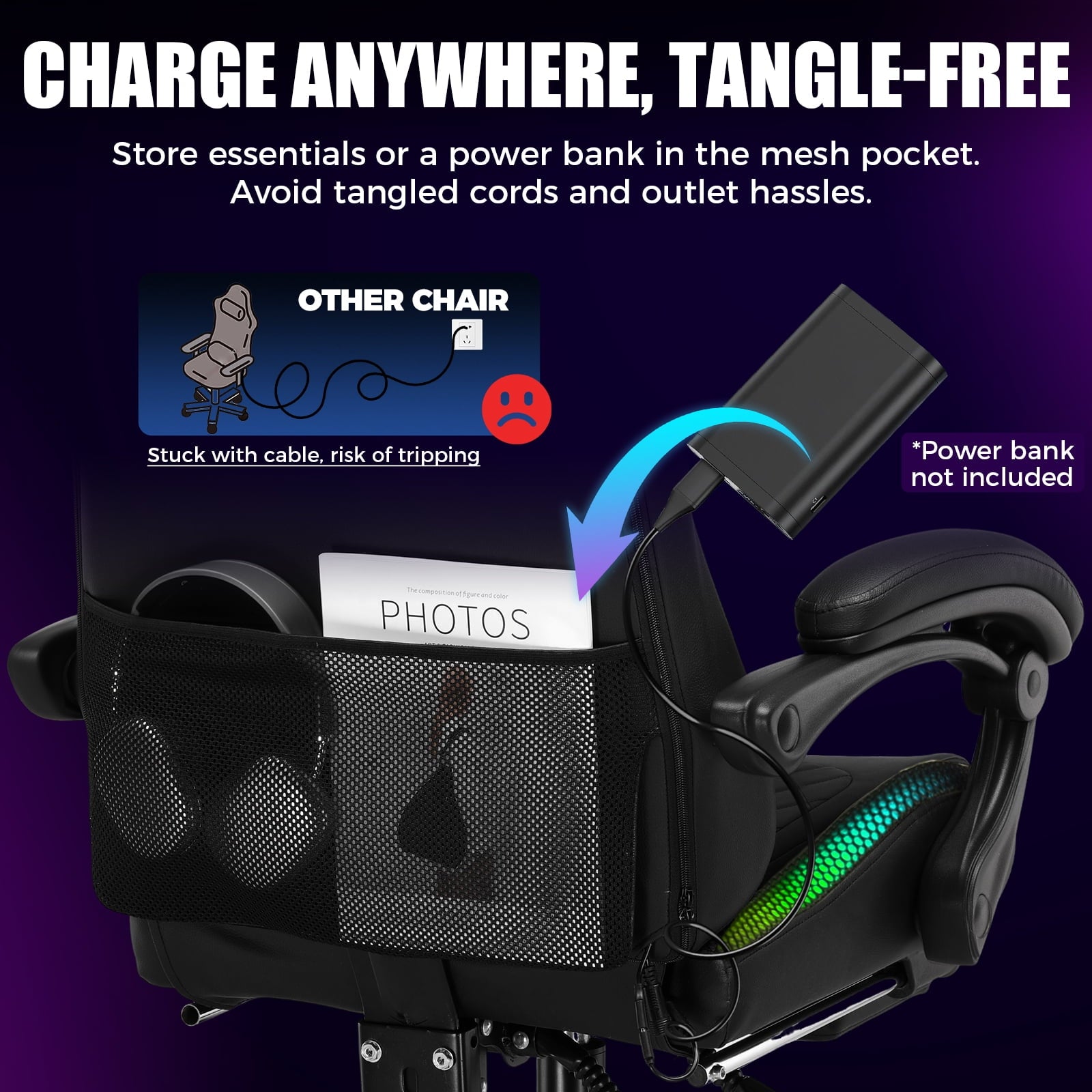 GTPLAYER RGB Gaming Chair, Computer Gamer Chair with Footrest and LED Lights, Black