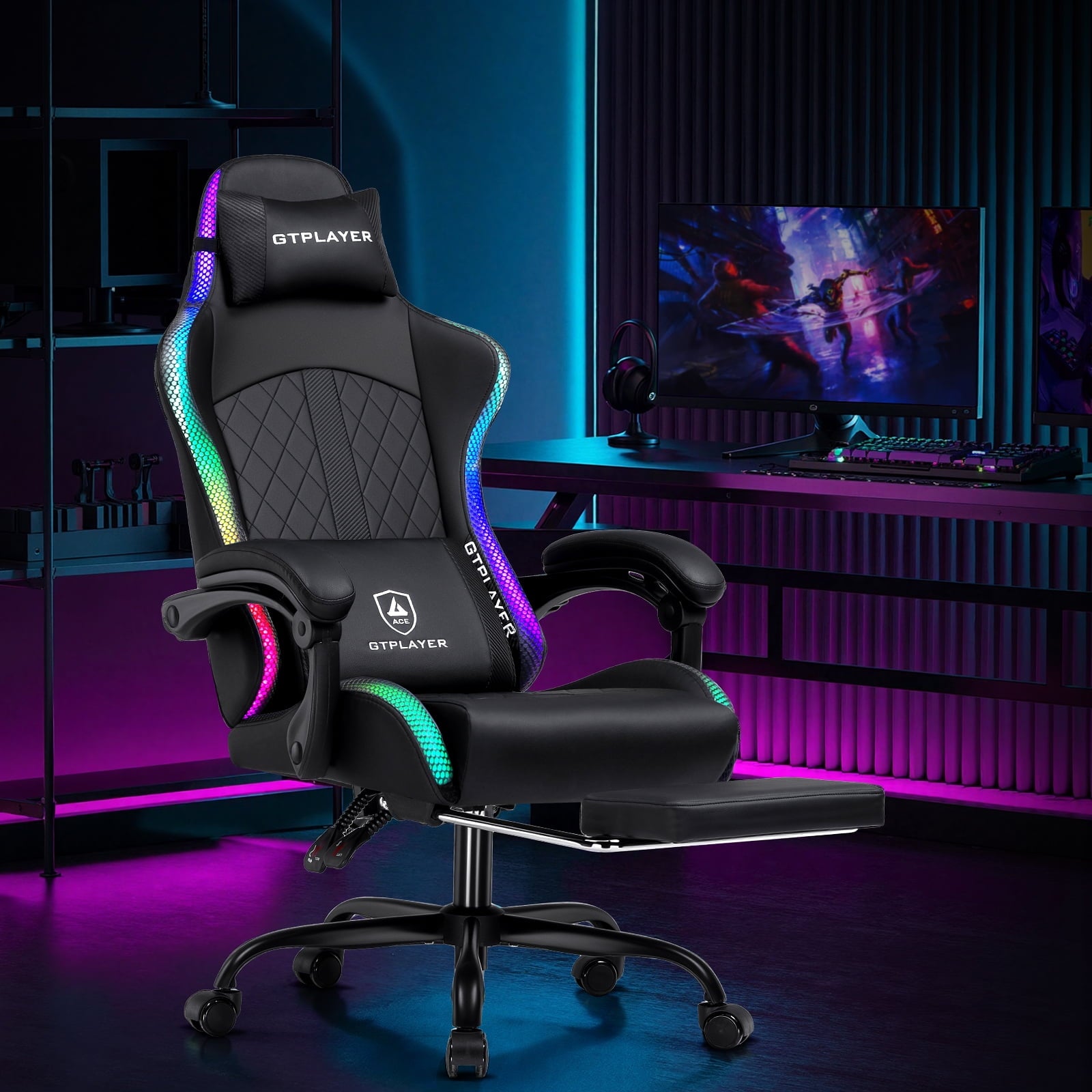 GTPLAYER RGB Gaming Chair, Computer Gamer Chair with Footrest and LED Lights, Black