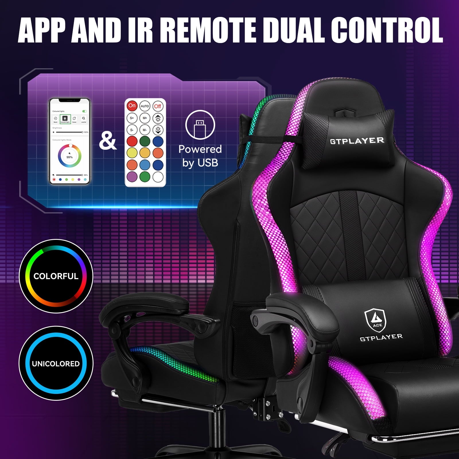 GTPLAYER RGB Gaming Chair, Computer Gamer Chair with Footrest and LED Lights, Black