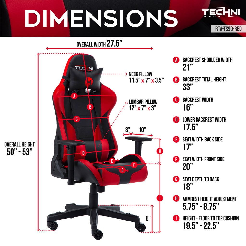 Techni Sport Ergonomic Gaming Chair with Adjustable Armrests, High Back, Lumbar and Headrest Pillow – Red/Black, RTA-TS90-RED