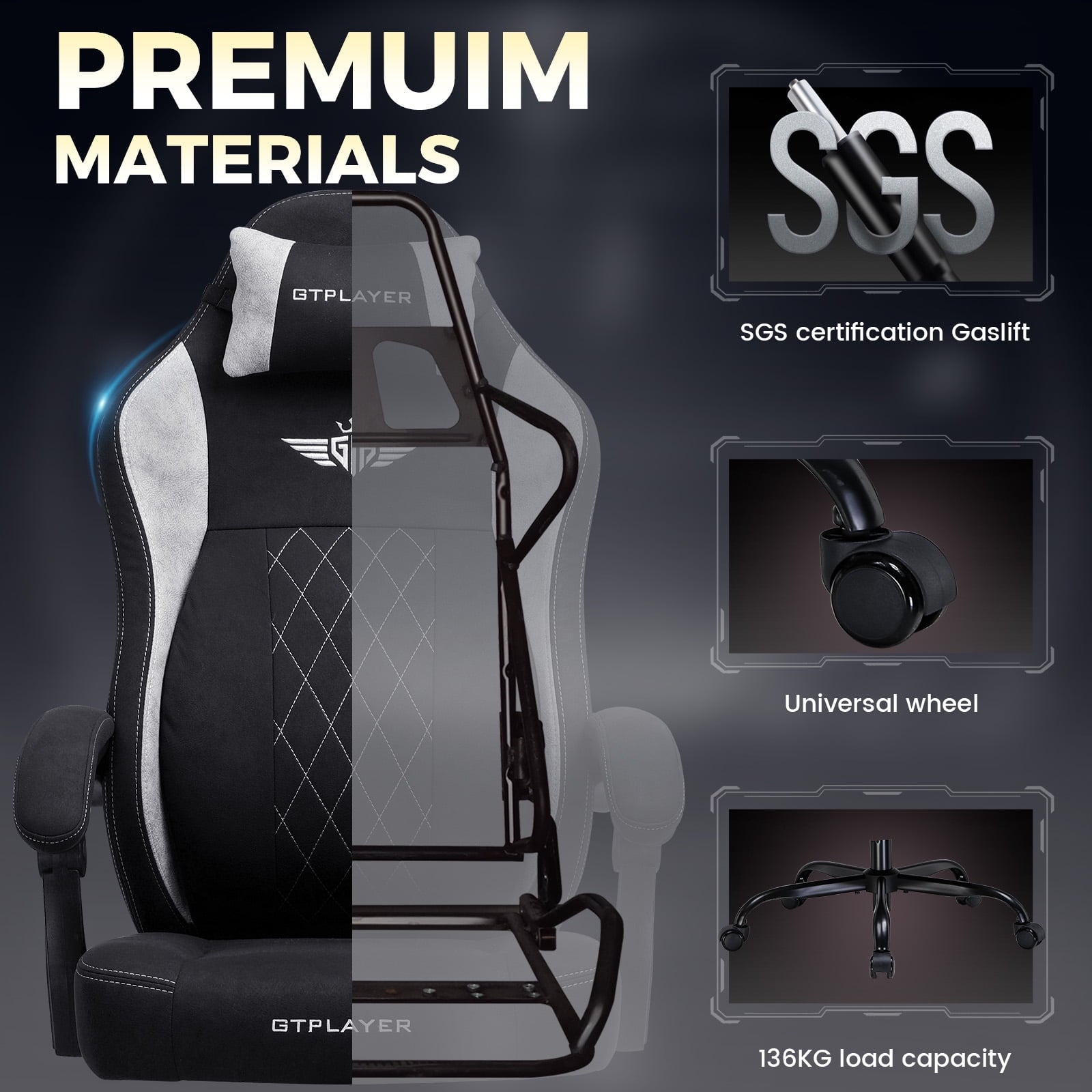 GTPLAYER Big and Tall Ergonomic High Back Breathable Fabric Gaming Computer Chair with Strong Lumbar Support and Footrest, Black