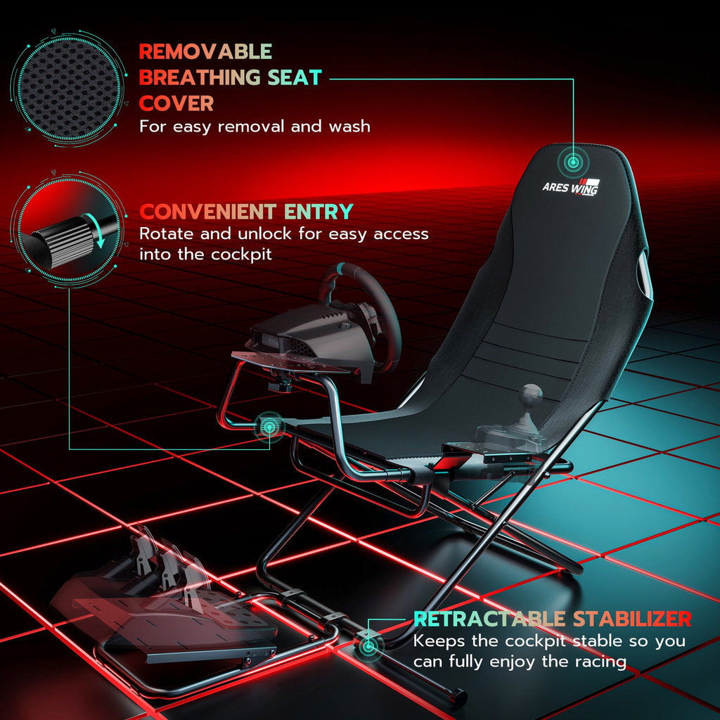 ARES WING Racing Simulator Cockpit with Foldable Gaming Chair Fit Logitech Thrustmaster Xbox