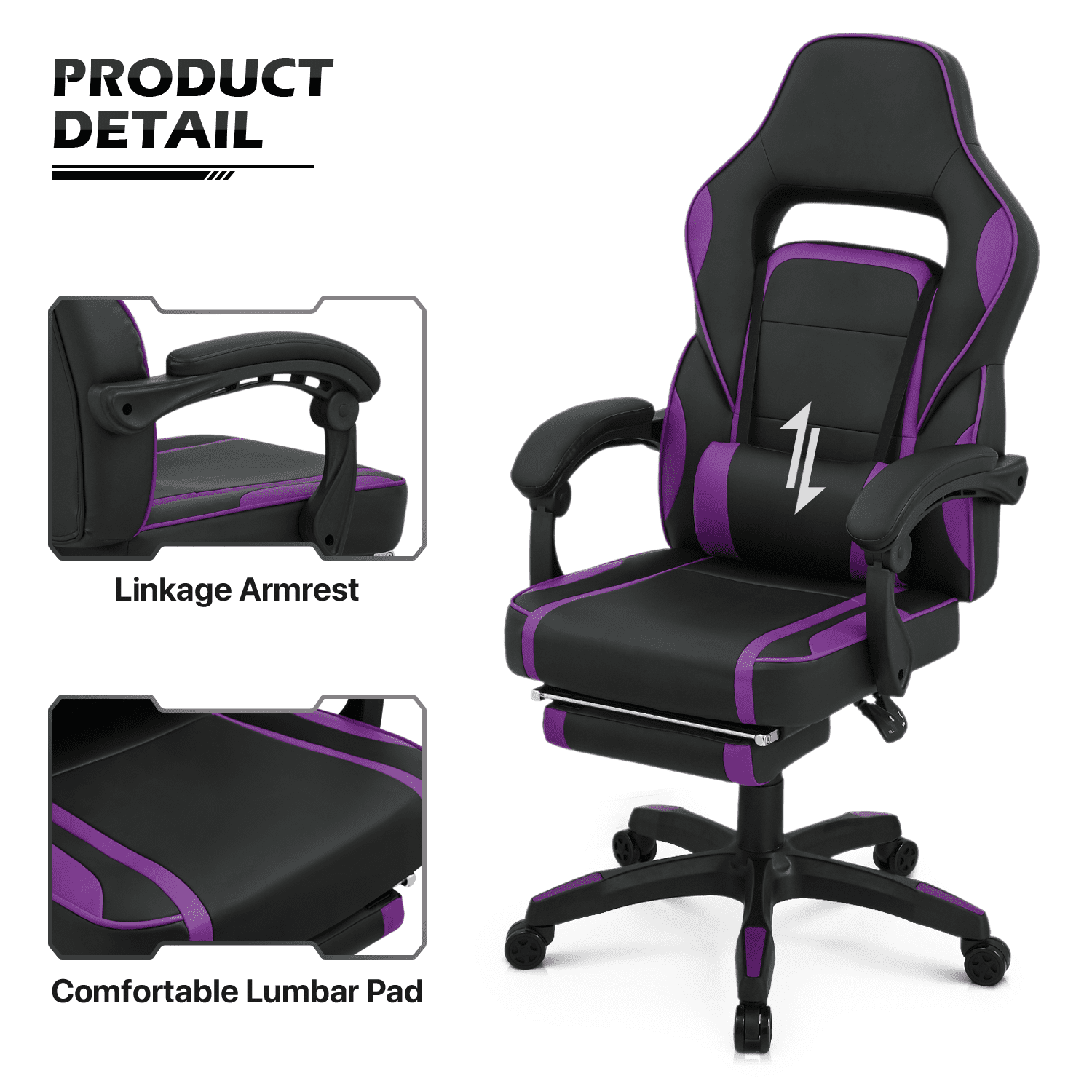 MoNiBloom Computer Desk & Gaming Chair Set, Office Desk with Host Rack and Adjustable Computer Chair with Footrest and Lumbar Support, Black/Purple
