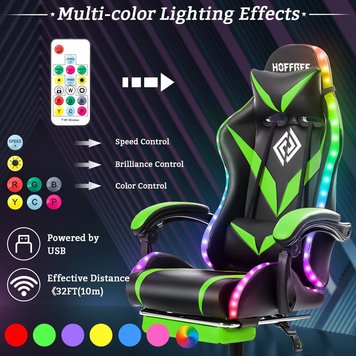 Hoffree Gaming Chair with Speakers and RGB LED Lights Ergonomic Massage Gamer Chair with Footrest High Back with Lumbar Support for Adults