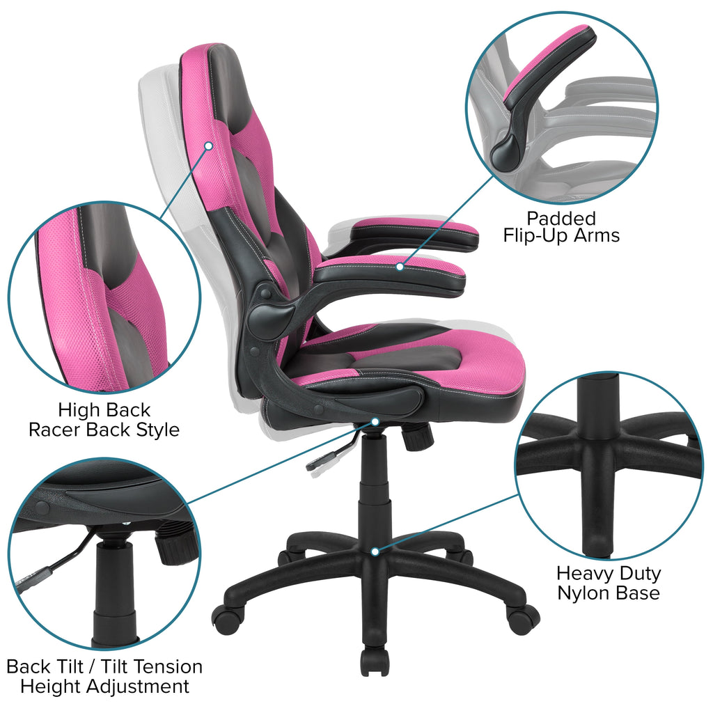 Emma + Oliver Black/Pink Gaming Desk Set with Cup Holder, Headphone Hook, and Monitor Stand