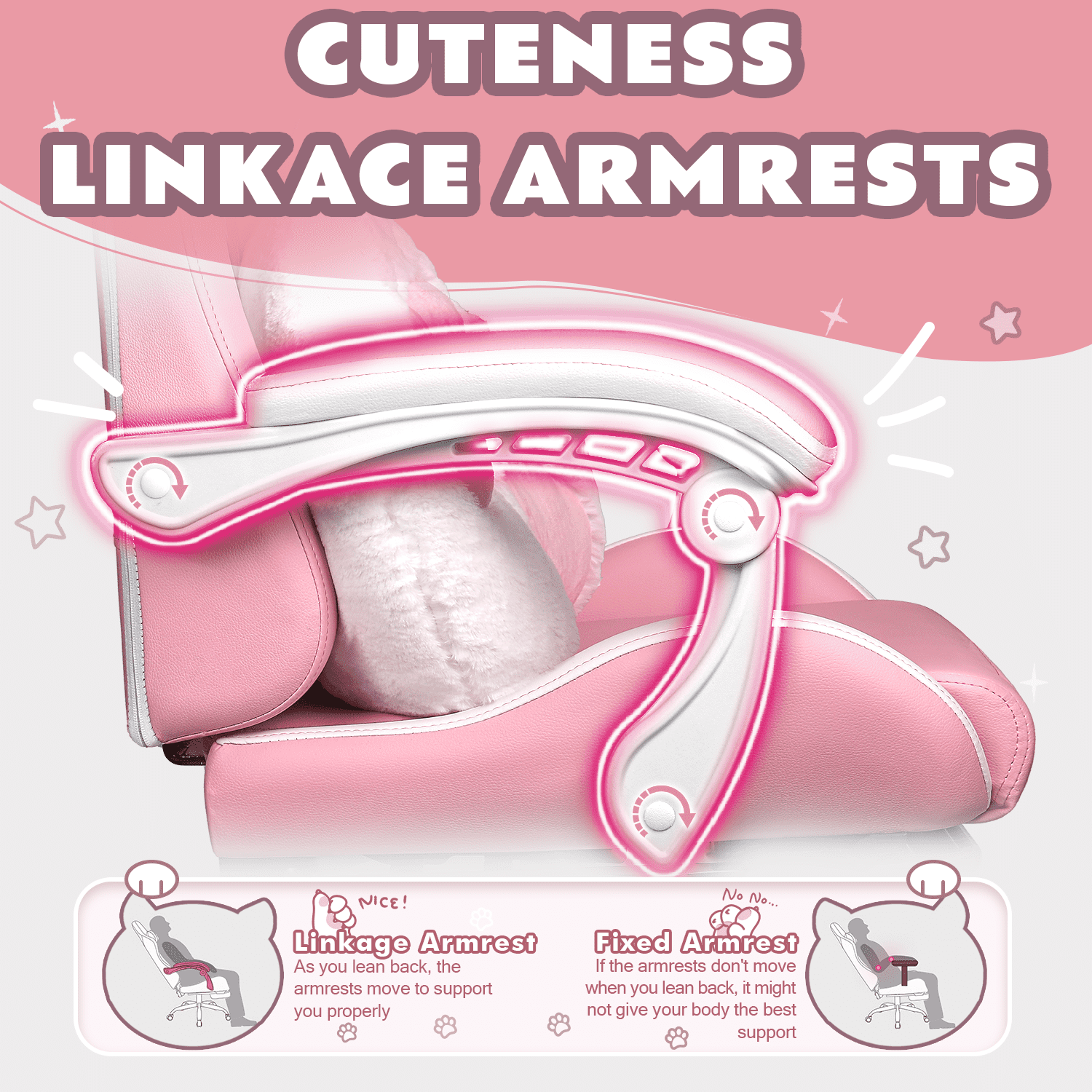 BOSSIN Pink Gaming Chair,Ergonomic Computer Chair for adult with Cat Paw Lumbar Cushion and Cat Ears