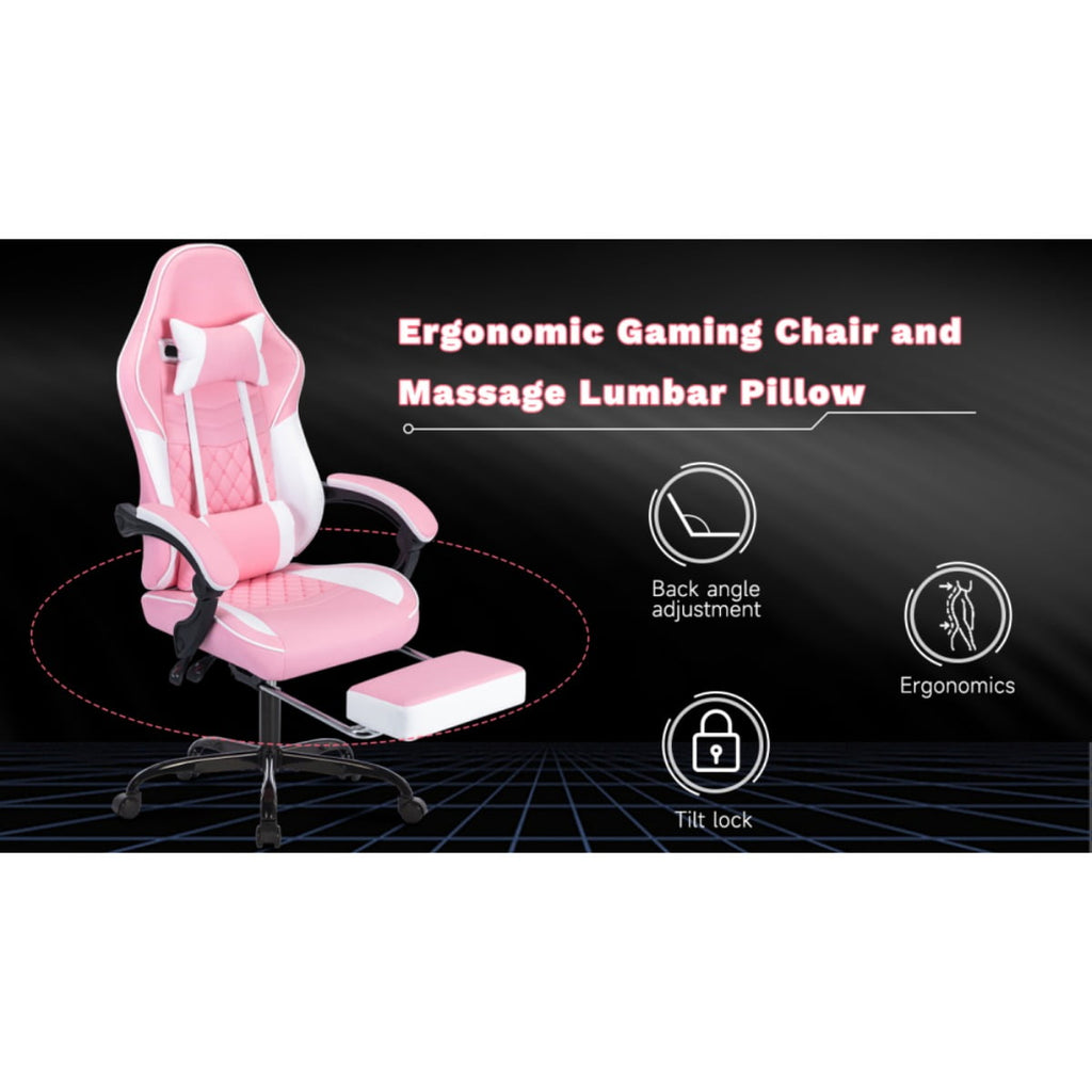 Computer Gaming Chairs with Massage Lumbar Support and footrest,Racing Style Computer Chair Adjustable Headrest for Adults,Pink White