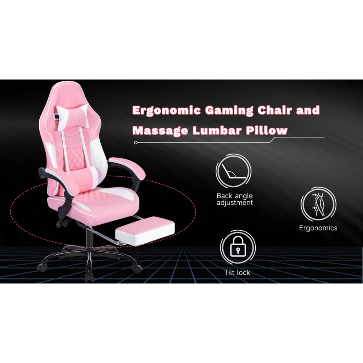 Computer Gaming Chairs with Massage Lumbar Support and footrest,Racing Style Computer Chair Adjustable Headrest for Adults,Pink White