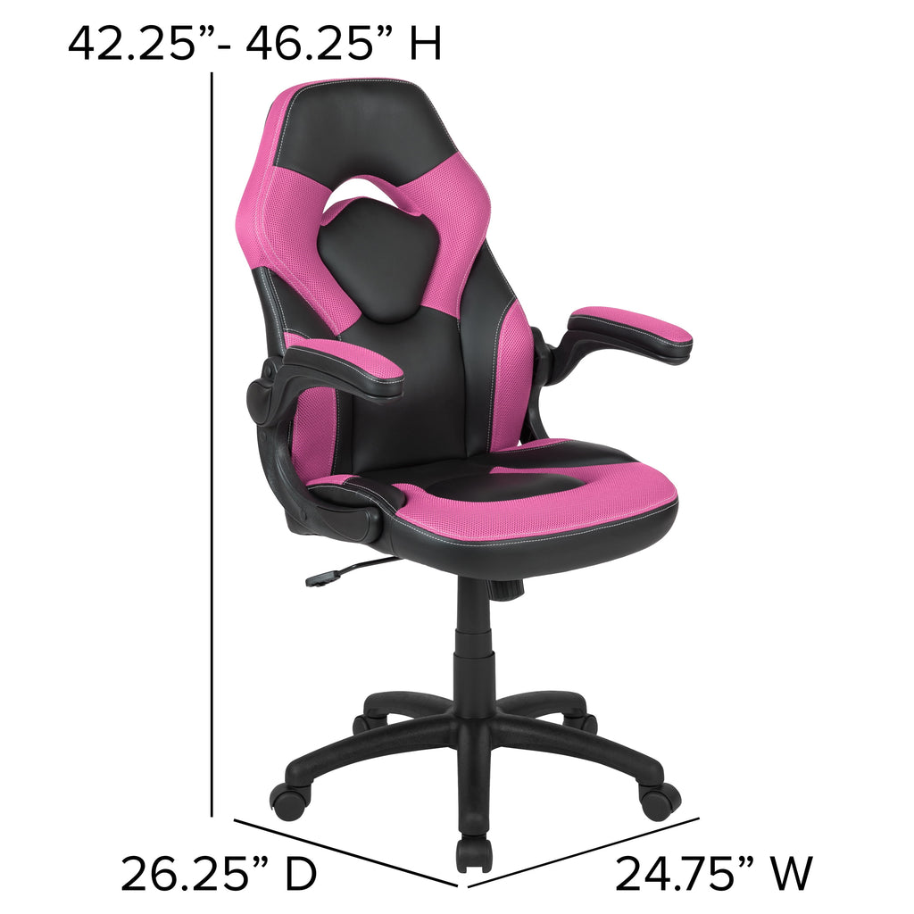 Emma + Oliver Black/Pink Gaming Desk Set with Cup Holder, Headphone Hook, and Monitor Stand