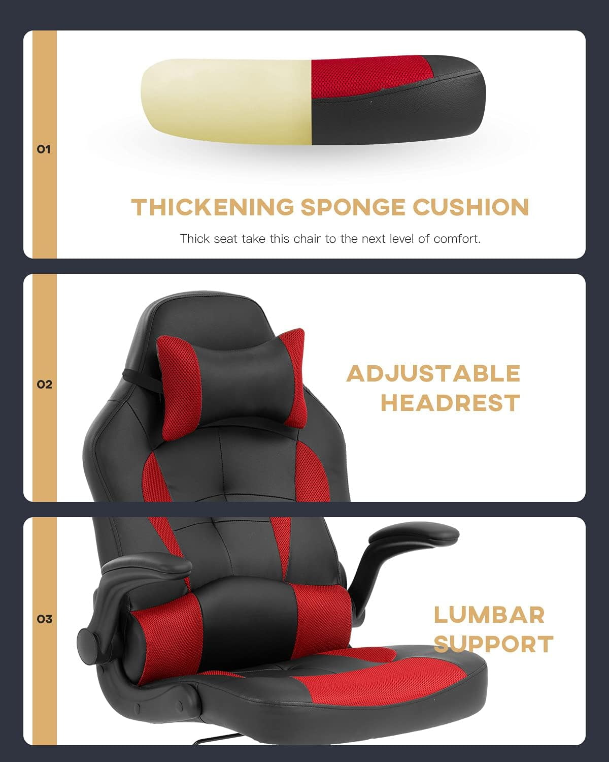 FDW Ergonomic Gaming Chair, Lumbar Support, Swivel Rolling for Women, Men(Red)