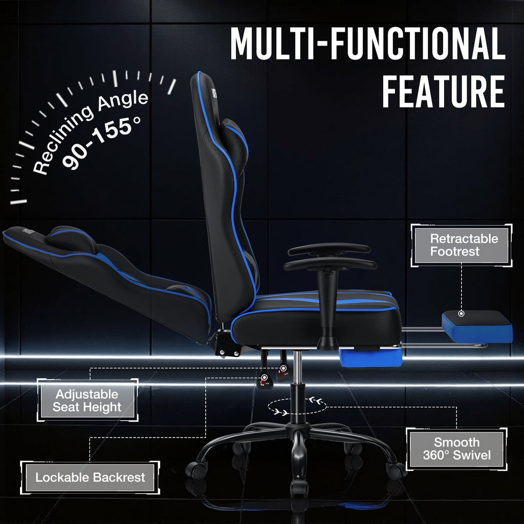 Hoffree Massage Gaming Chair with Footrest Ergonomic Design Gamer Chair with Adjustable Armrest for Adults and Teens Leather Game Chair with Headrest and Lumbar Support