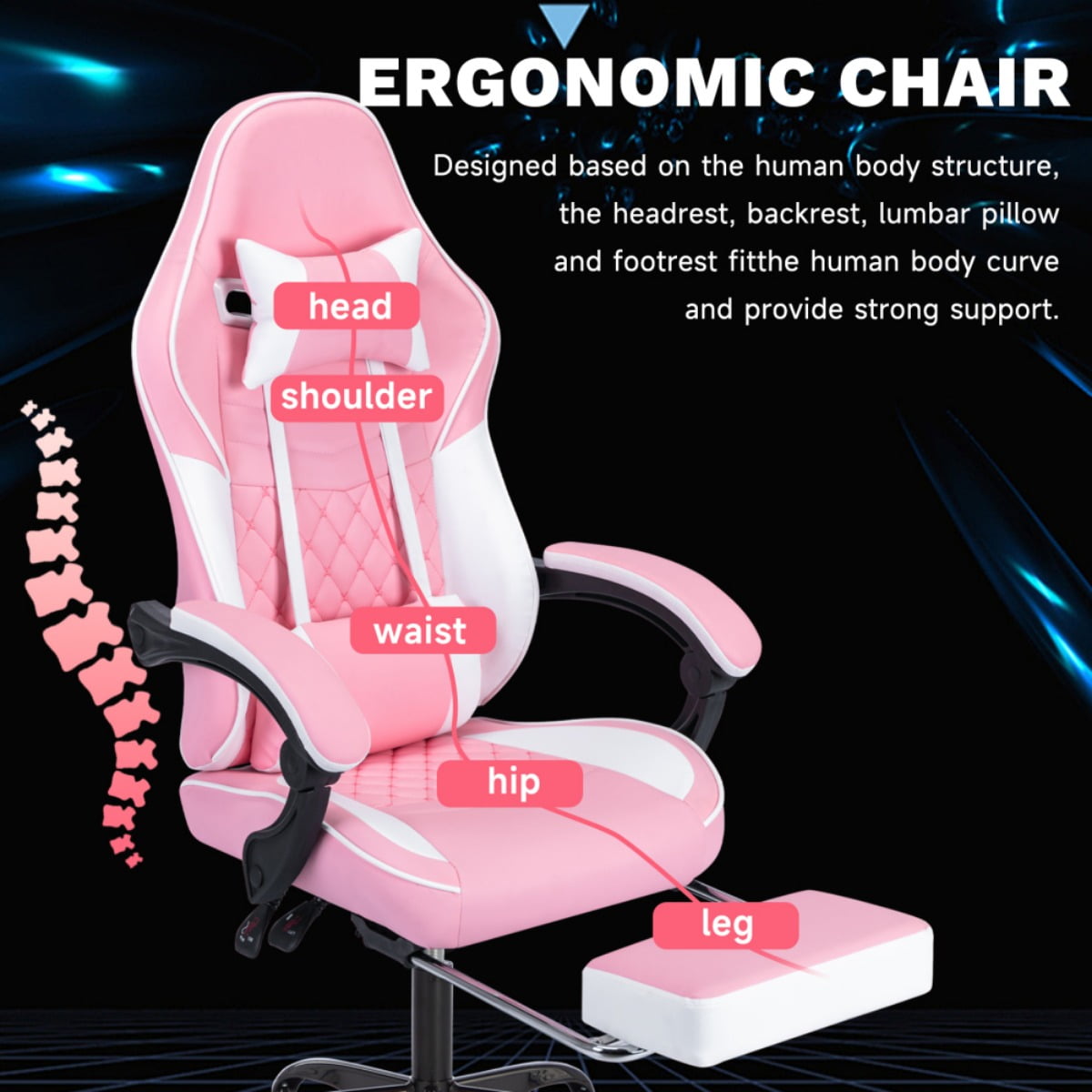 Computer Gaming Chairs with Massage Lumbar Support and footrest,Racing Style Computer Chair Adjustable Headrest for Adults,Pink White