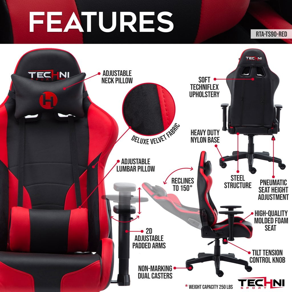 Techni Sport Ergonomic Gaming Chair with Adjustable Armrests, High Back, Lumbar and Headrest Pillow – Red/Black, RTA-TS90-RED