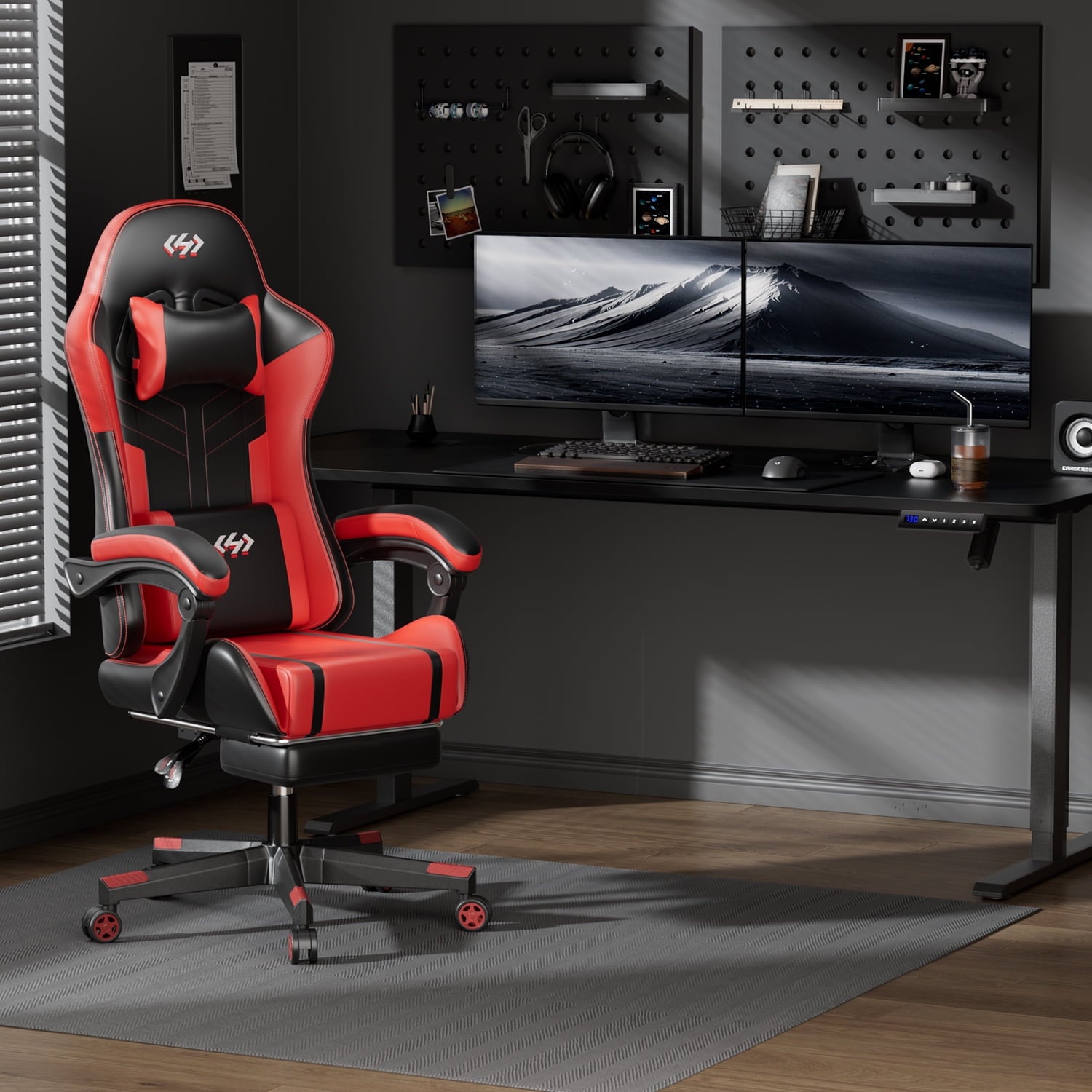 HLDIRECT Gaming Chair with Pocket Spring Cushion, Video Game Chair, Gaming Computer Chair for Adults with Headrest and Lumbar Support, Black & Red