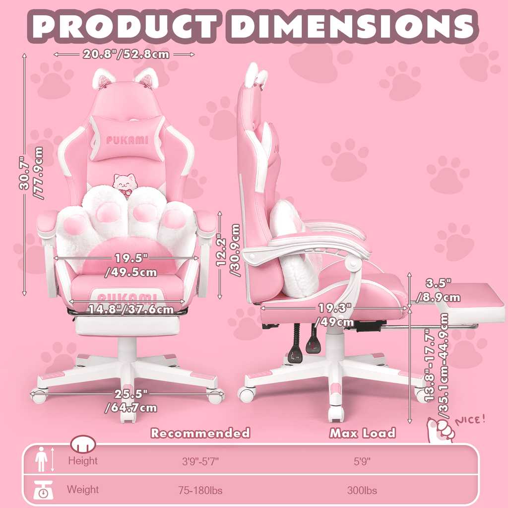 BOSSIN Pink Gaming Chair,Ergonomic Computer Chair for adult with Cat Paw Lumbar Cushion and Cat Ears