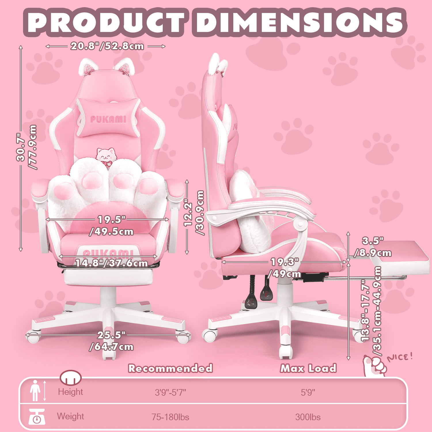 BOSSIN Pink Gaming Chair,Ergonomic Computer Chair for adult with Cat Paw Lumbar Cushion and Cat Ears