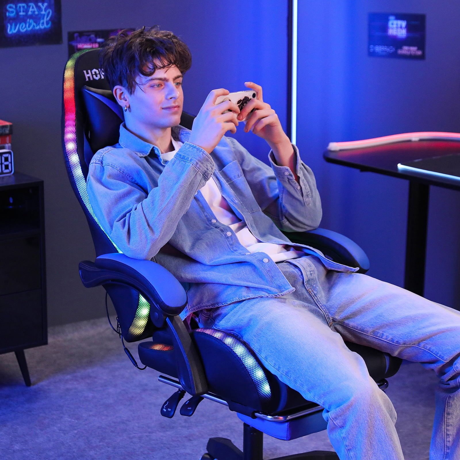 HOFFREE Gaming Chair with Massage and LED RGB Lights Ergonomic Computer Chair with Footrest High Back Video Game Chair with Adjustable Lumbar Support Linkage Armrest for Home Office