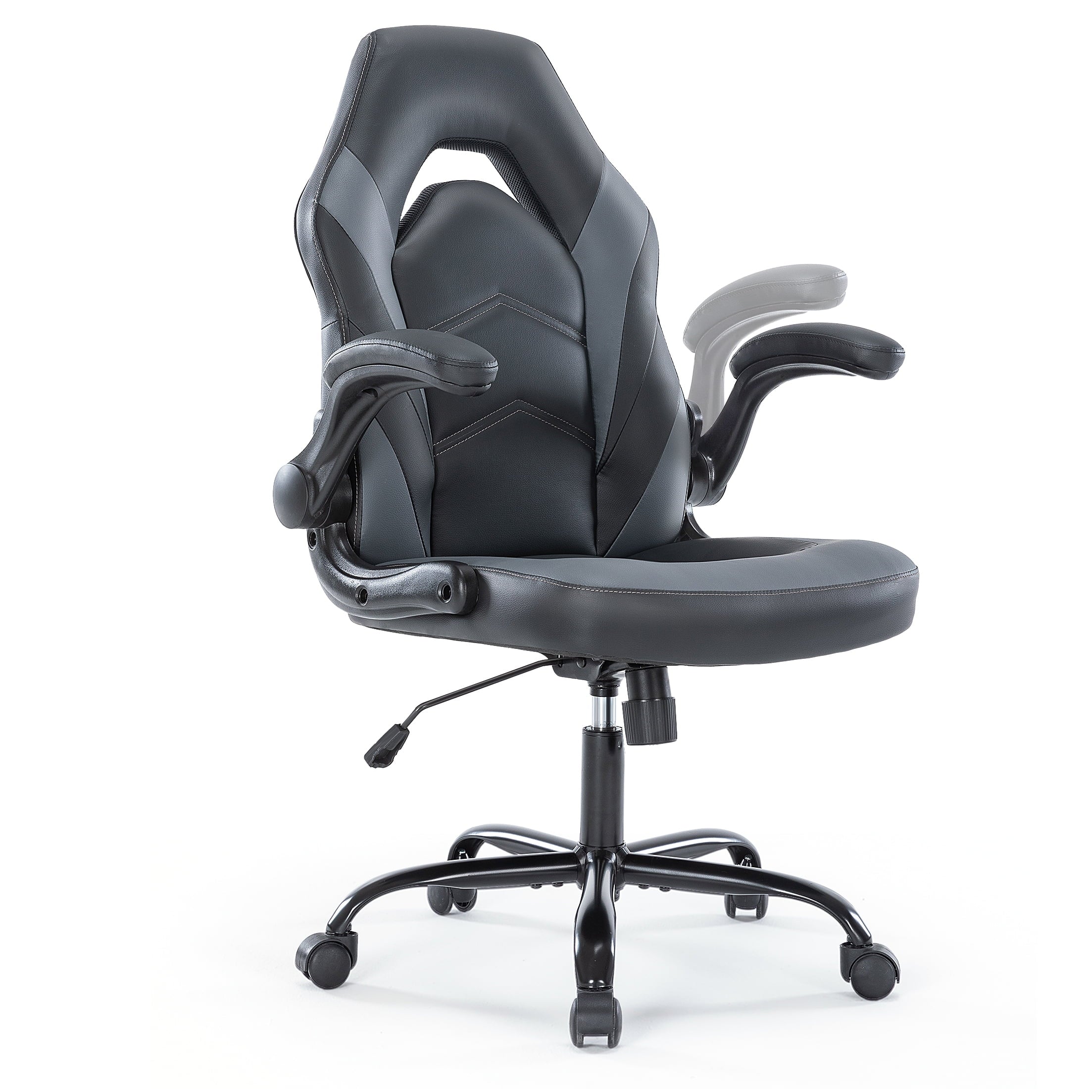 CONCETTA Computer Desk Chair, Gaming Chair with Flip-up Armrests, Ergonomic Home Office Chairs Height Adjustable, Leather Game Chair with Lumbar Support, Black and Gray