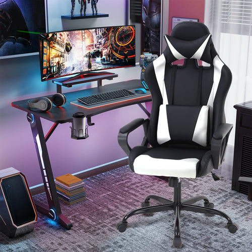 CL.HPAHKL PC Gaming Chair, Office Chair High Back PU Leather Ergonomic Computer Chair with Headrest and Lumbar Support, Height Adjustable Video Game Chair for Adults, White
