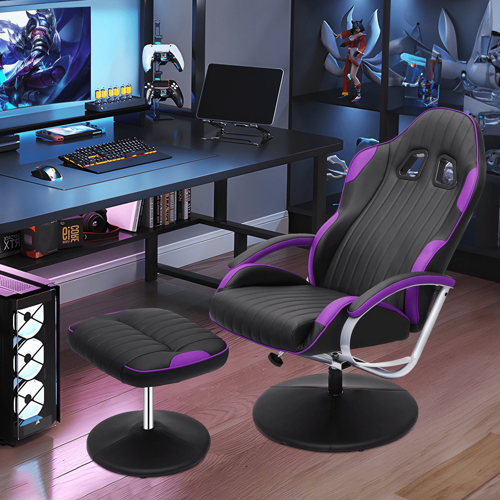 MoNiBloom Gaming Chair with Ottoman, Upholstered Reclining Chair with Adjustable Angle, Racing Style Swivel Recliner with Footrest, Purple