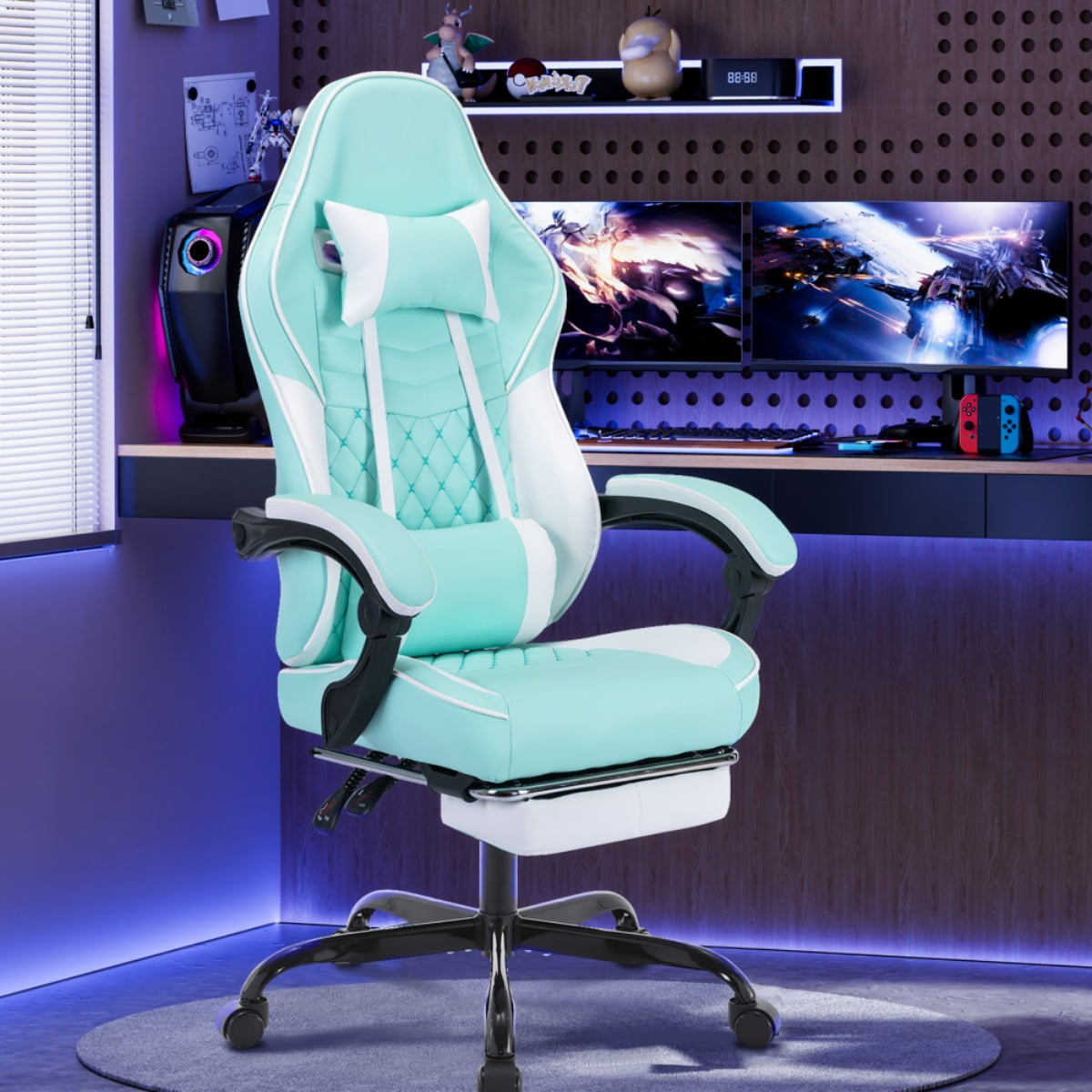 Computer Gaming Chairs with Massage Lumbar Support and footrest,Racing Style Computer Chair Adjustable Headrest for Adults,Pink White