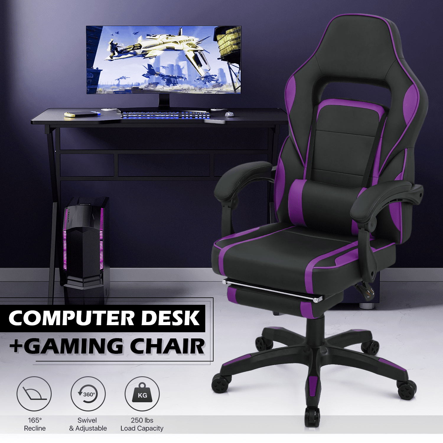 MoNiBloom Computer Desk & Gaming Chair Set, Office Desk with Host Rack and Adjustable Computer Chair with Footrest and Lumbar Support, Black/Purple