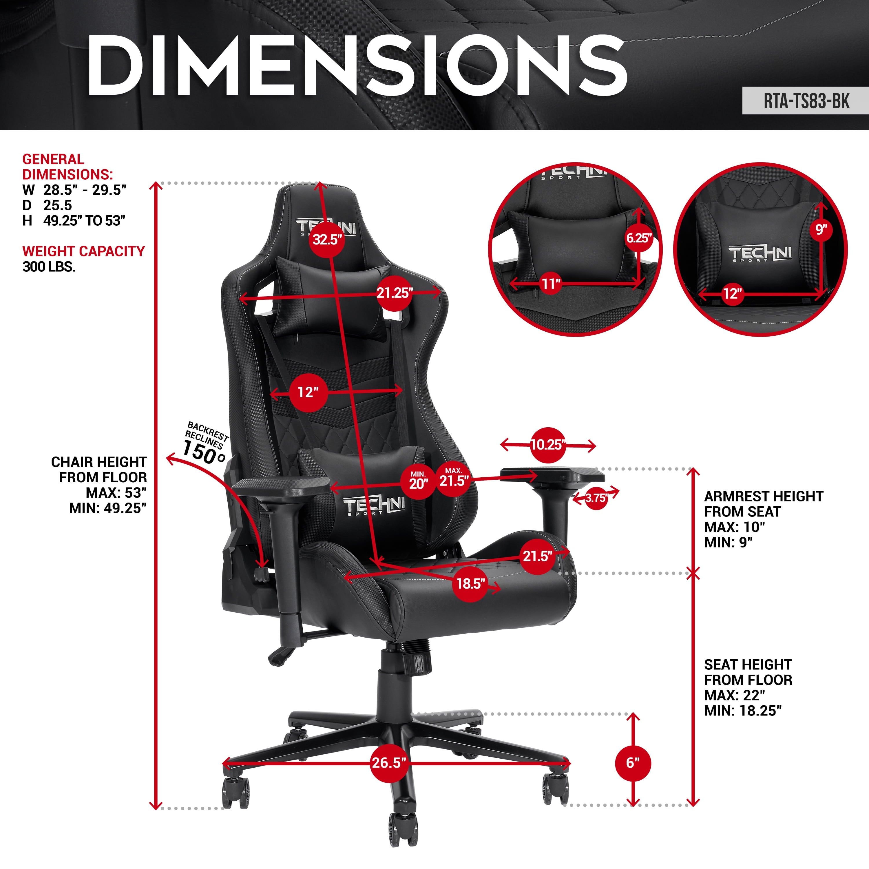 Techni Sport TS-83 Ergonomic High Back Racer Style PC Gaming Chair with Memory Foam Seat, Black RTA-TS83-BK