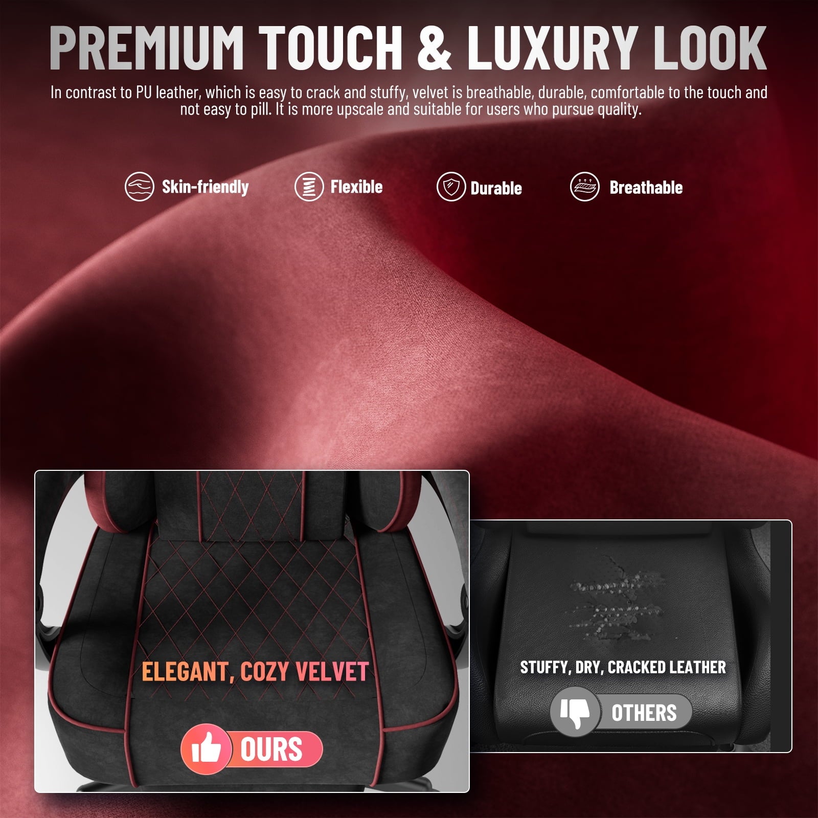 Huracan Velvet Fabric Gaming Chair for Adult Adjustable Height Video Gamer Chair with Footrest&Massage Lumbar Cushion High Back Computer Deak Chair for Office Home,Black+Red