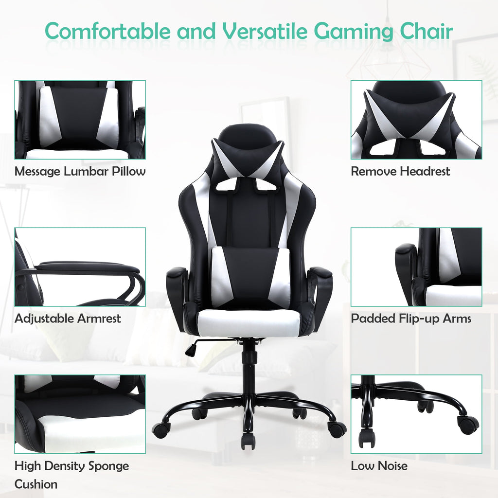 CL.HPAHKL PC Gaming Chair, Office Chair High Back PU Leather Ergonomic Computer Chair with Headrest and Lumbar Support, Height Adjustable Video Game Chair for Adults, White