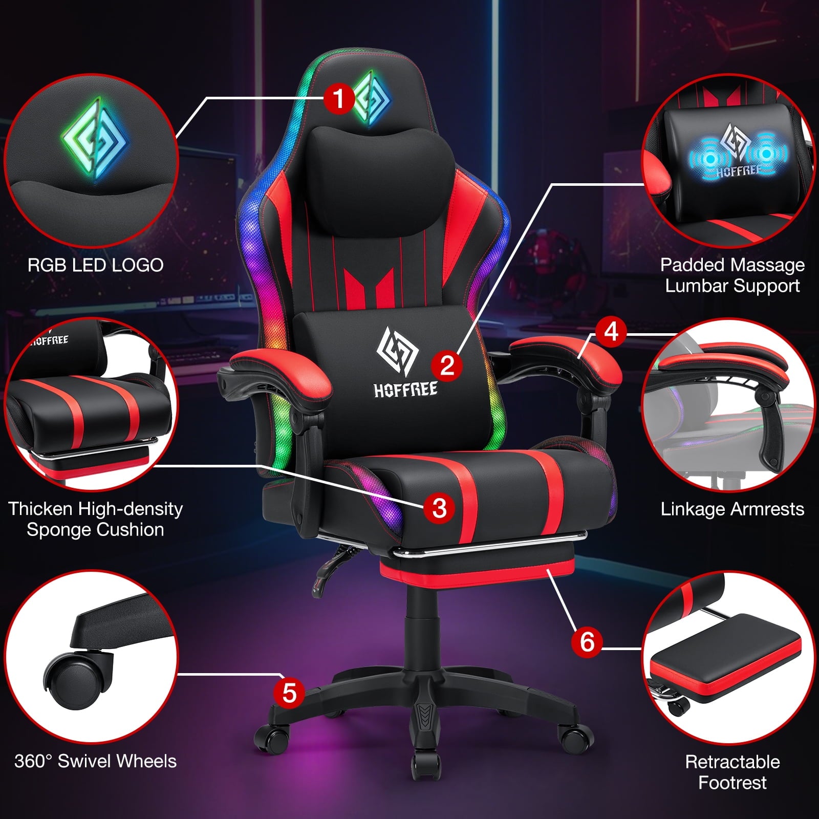 HOFFREE Massage Gaming Chair with Speakers, Leather Game Chair with Bluetooth and Music Rhythm RGB Lights, Big and Tall Gamer Chair with Footrest for Adults, Ergonomic Video Game Chair with Headrest