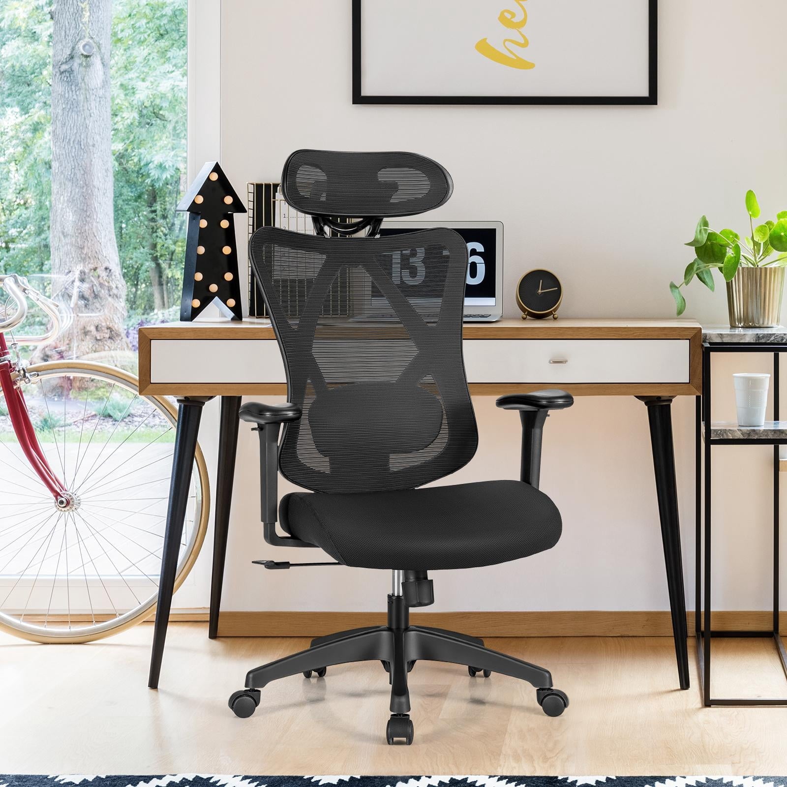 Giantex Ergonomic Mesh Office Chair, High Back Executive Chair with Adjustable Lumbar Support, Armrests & Rotatable Headrest, Swivel Computer Desk Reclining Chair w/Rolling Casters, Black
