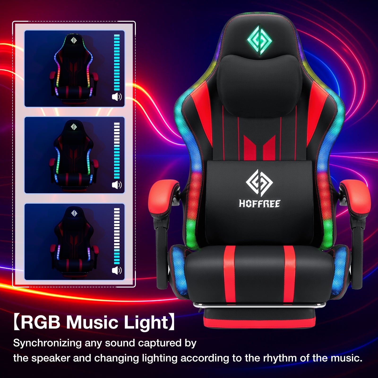 HOFFREE Massage Gaming Chair with Speakers, Leather Game Chair with Bluetooth and Music Rhythm RGB Lights, Big and Tall Gamer Chair with Footrest for Adults, Ergonomic Video Game Chair with Headrest