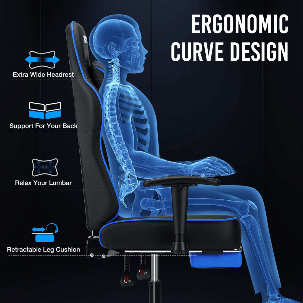Hoffree Massage Gaming Chair with Footrest Ergonomic Design Gamer Chair with Adjustable Armrest for Adults and Teens Leather Game Chair with Headrest and Lumbar Support