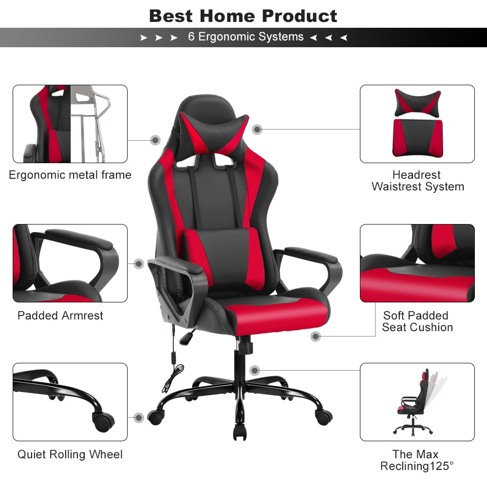 Gaming Chair Massage Computer Chair with Headrest Adjustable Office Chair Desk Chair with Armrest & Lumbar Support for Teens & Kids, Red