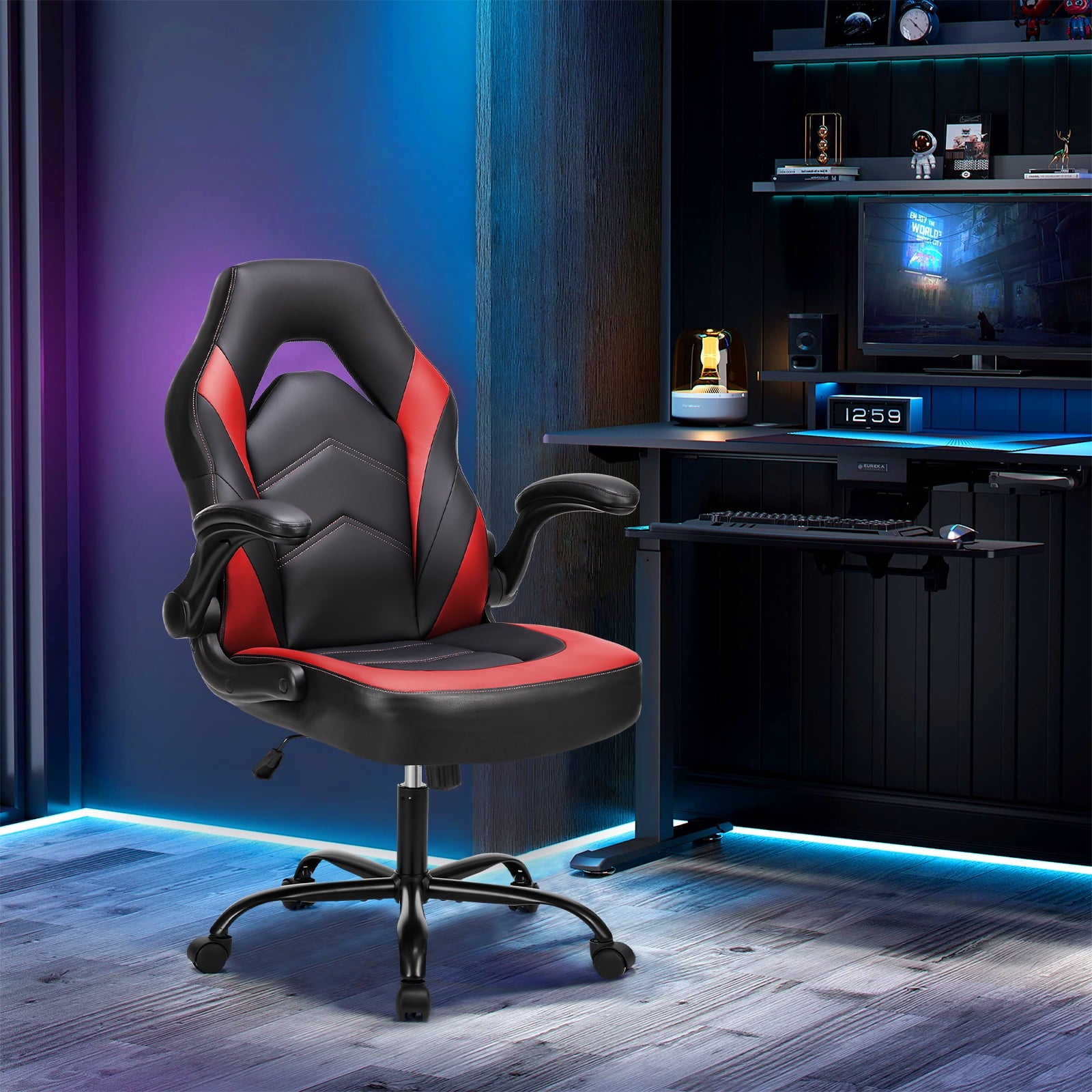 GIANNA Computer Gaming Desk Chair, Ergonomic Office Executive Adjustable Swivel PU Leather Racing Chair with Flip-up Armrest, Black Red