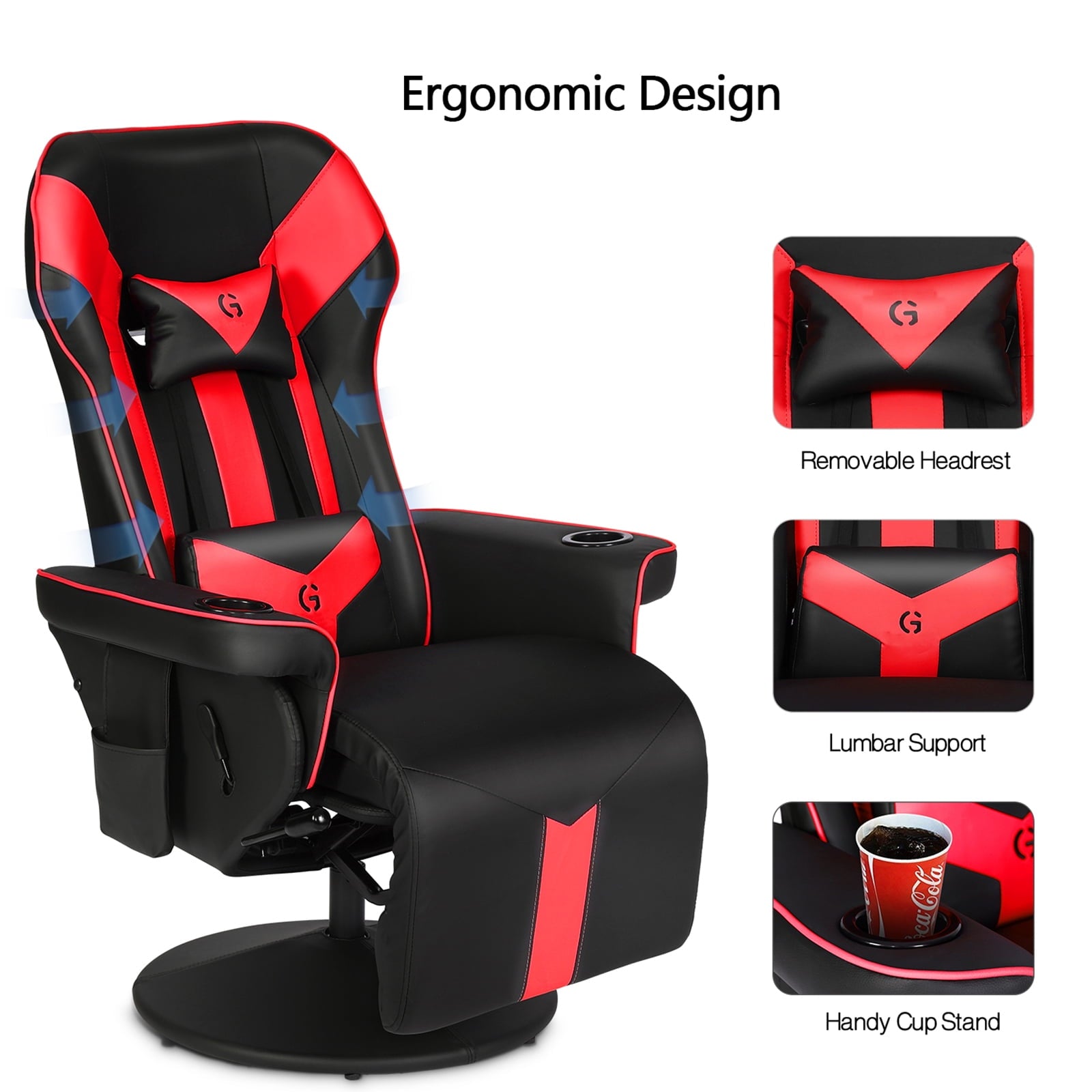 King Throne Ergonomic Gaming Chair High Back Video Racing Chair Swivel Recliner Chair with Footrest, Adjustable Backrest, Headrest, Lumbar Support, Cupholders, Black Red