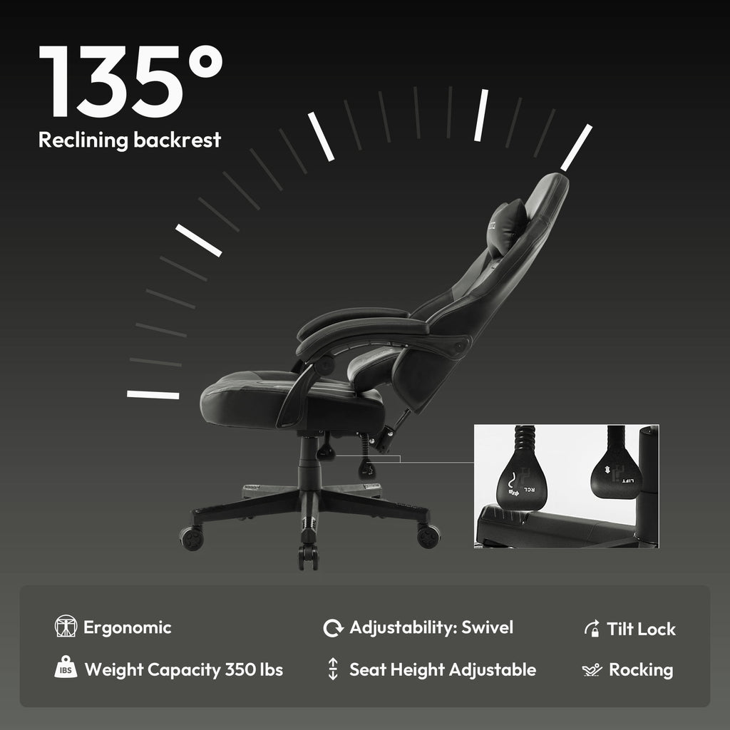 Dowinx Gaming Chair with Pocket Spring Cushion, Ergonomic Computer Chair High Back, Reclining Game Chair Pu Leather 350LBS, Grey