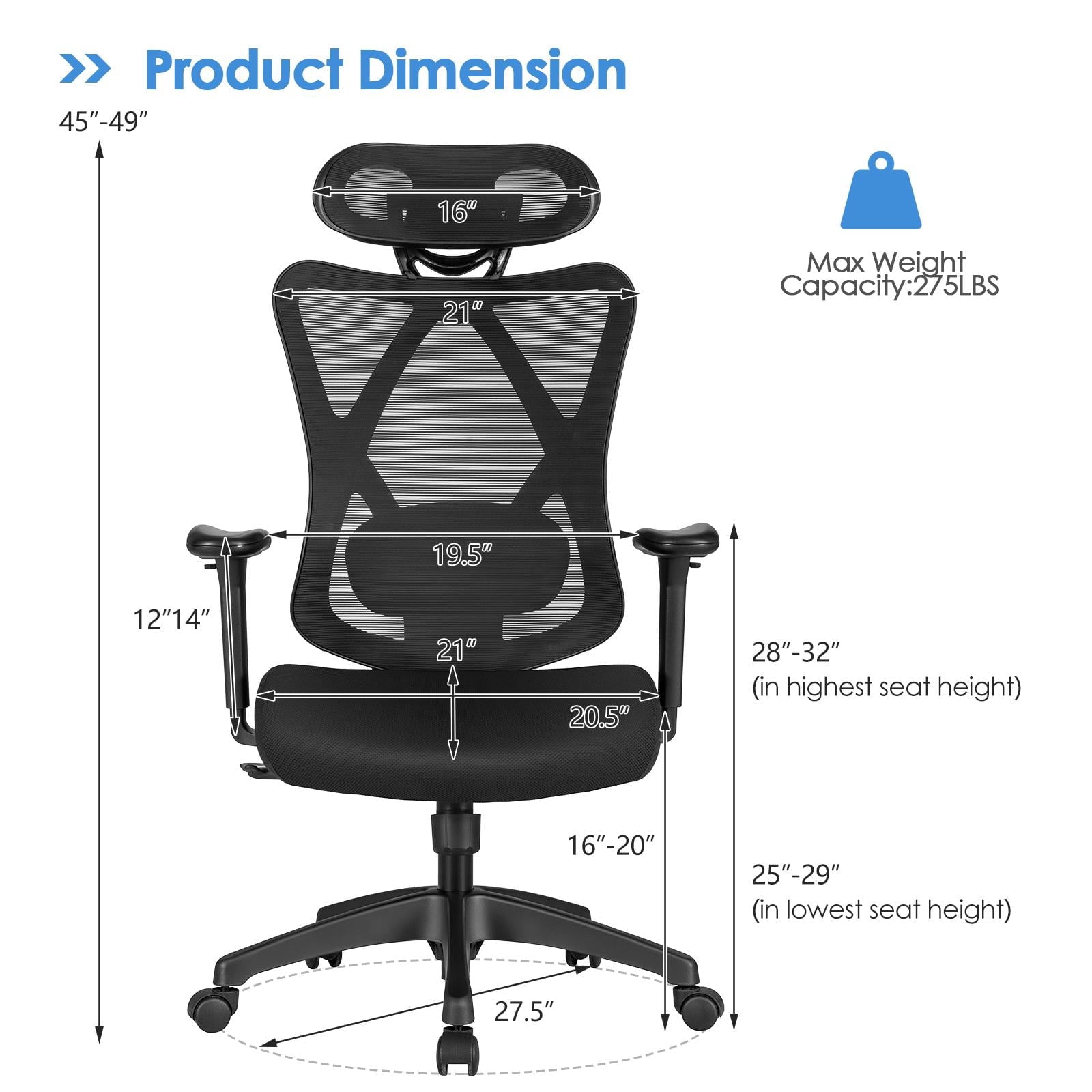 Giantex Ergonomic Mesh Office Chair, High Back Executive Chair with Adjustable Lumbar Support, Armrests & Rotatable Headrest, Swivel Computer Desk Reclining Chair w/Rolling Casters, Black