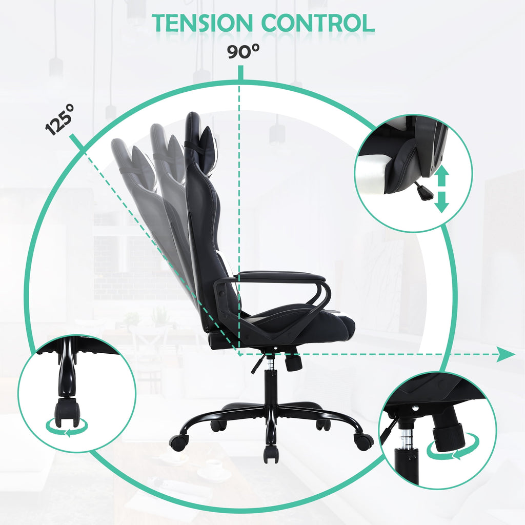 CL.HPAHKL PC Gaming Chair, Office Chair High Back PU Leather Ergonomic Computer Chair with Headrest and Lumbar Support, Height Adjustable Video Game Chair for Adults, White