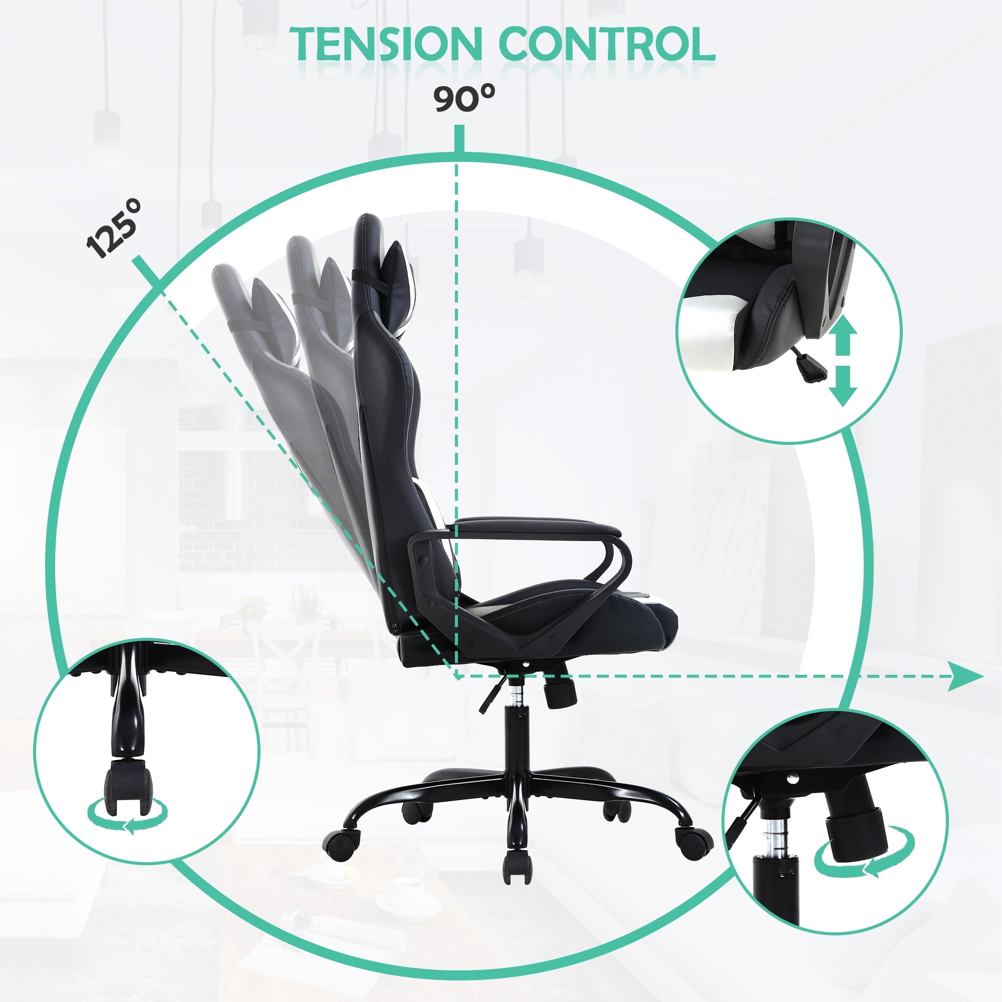 CL.HPAHKL PC Gaming Chair, Office Chair High Back PU Leather Ergonomic Computer Chair with Headrest and Lumbar Support, Height Adjustable Video Game Chair for Adults, White