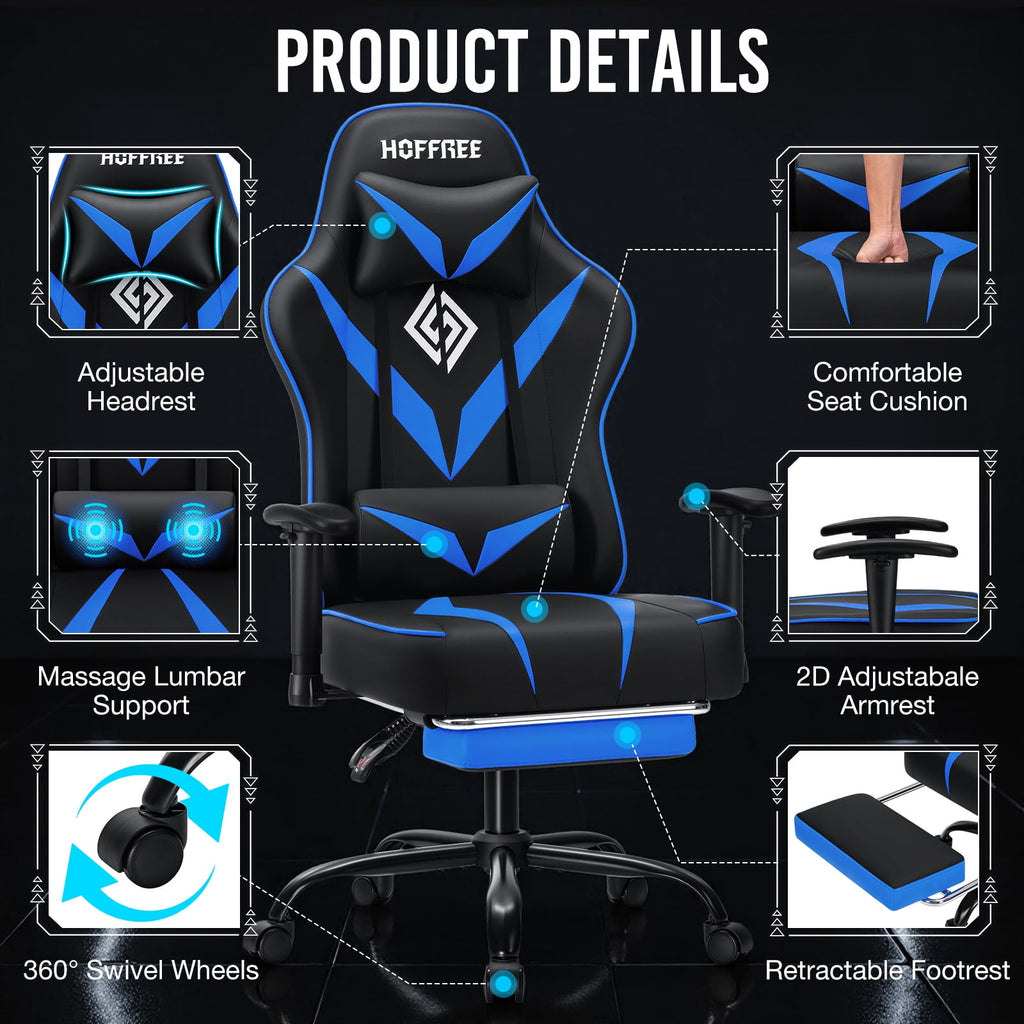 Hoffree Massage Gaming Chair with Footrest Ergonomic Design Gamer Chair with Adjustable Armrest for Adults and Teens Leather Game Chair with Headrest and Lumbar Support