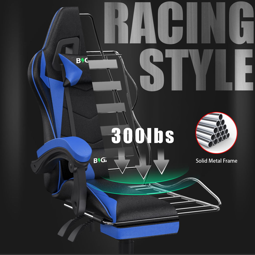 Bigzzia Gaming Chair with Footrest, Computer Chair with Adjustable Lumbar Pillow and Headrest, Blue