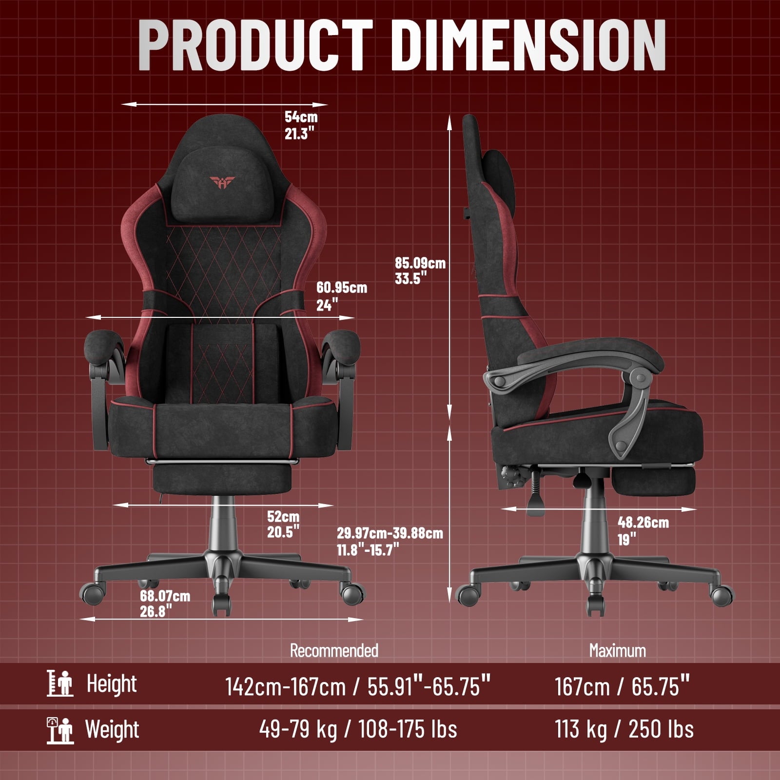 Huracan Velvet Fabric Gaming Chair for Adult Adjustable Height Video Gamer Chair with Footrest&Massage Lumbar Cushion High Back Computer Deak Chair for Office Home,Black+Red