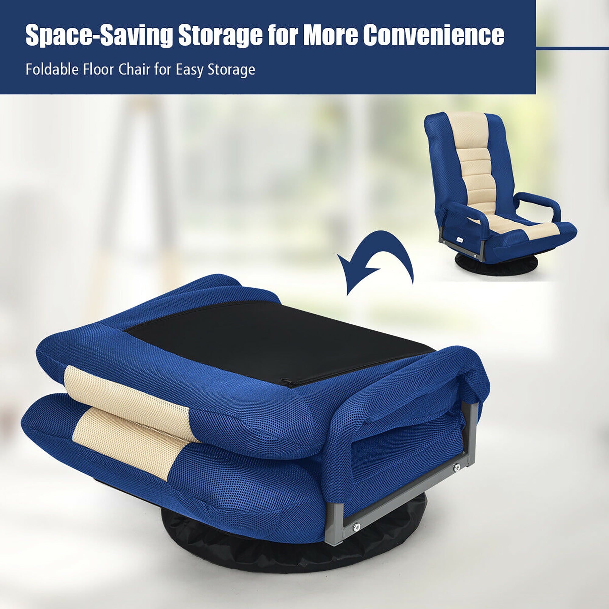 Costway 360-Degree Swivel Gaming Floor Chair with Foldable Adjustable Backrest Blue