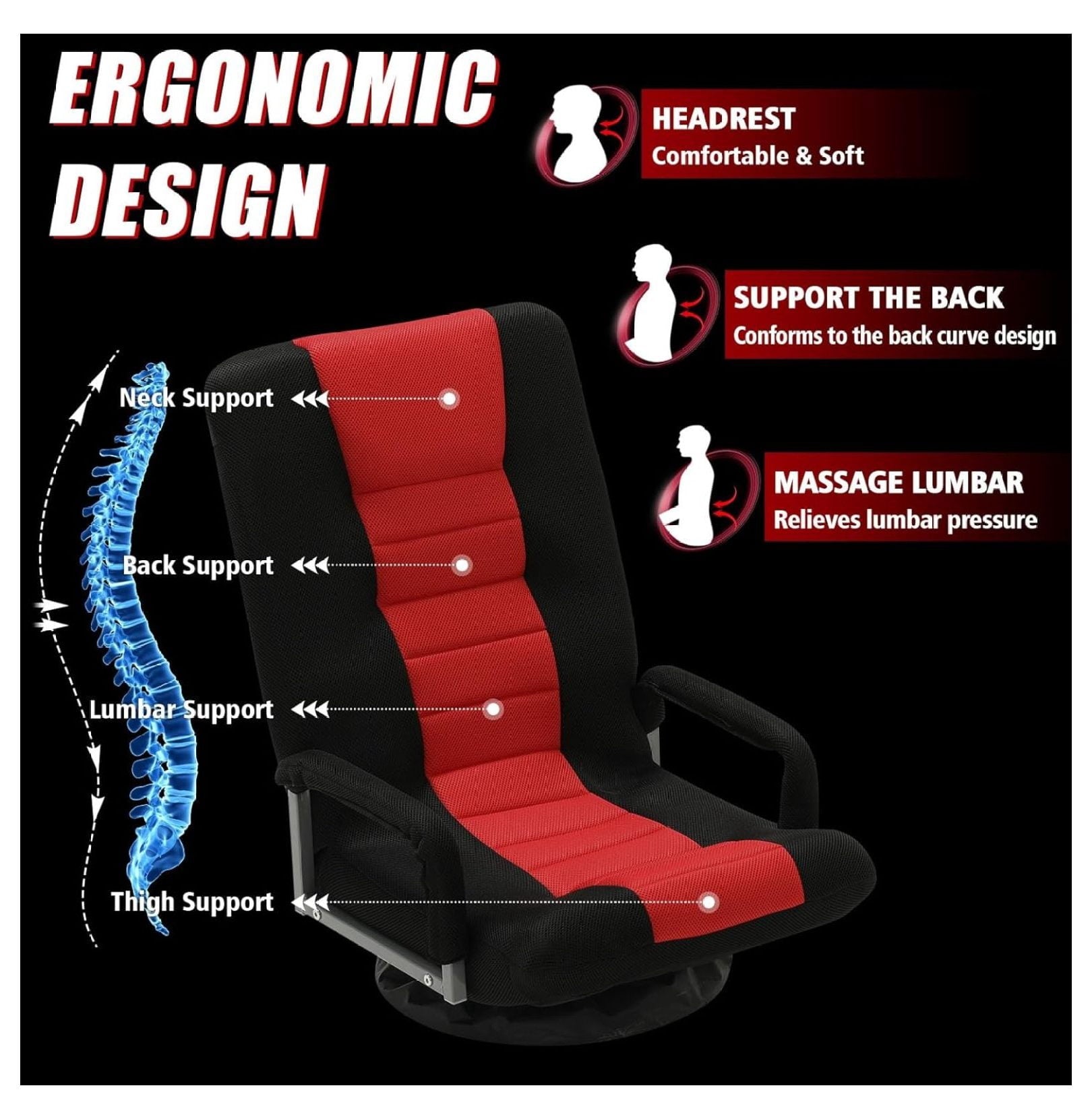 YOSITiuu Adjustable Swivel Adults and Kids Multipurpose Floor Gaming Chair, Red/Black