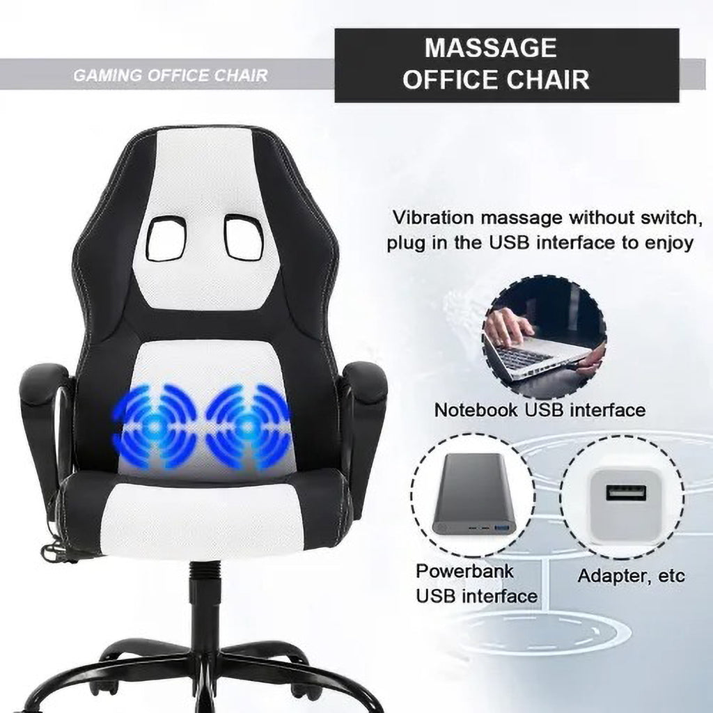 XF XINFENG Gaming Ergonomic Office Chair, 250lbs Capacity PU Leather Computer Chair with Lumbar Massage, Height Adjustable 360° Swivel Racing Chair, White