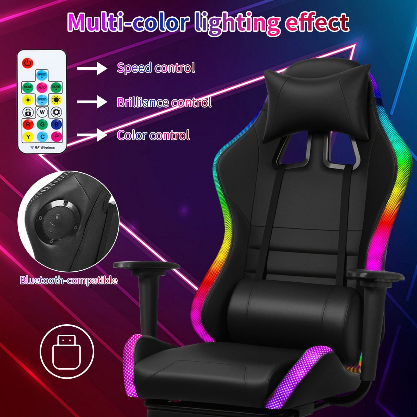 GZCW Gaming Chair with Retractable Footrest,350lbs Load Capacity Office Executive Chair with Two Bluetooth-compatible Speakers,Multiple RGB LED Light Modes Game Chair